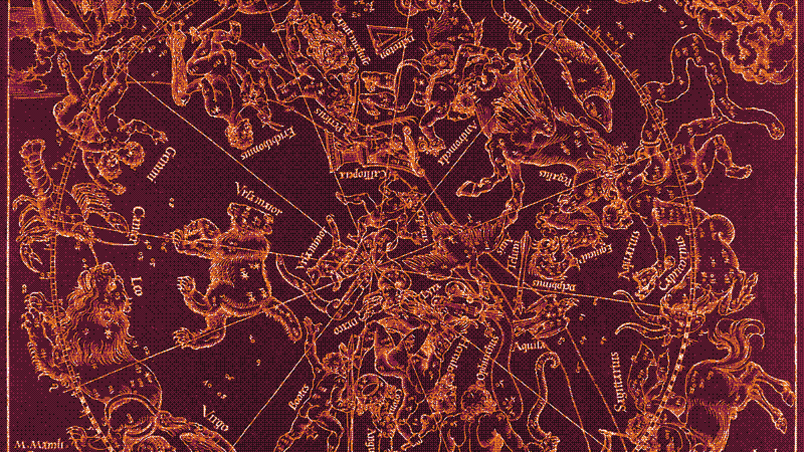 Dithered engraving of a star chart with constellation figures