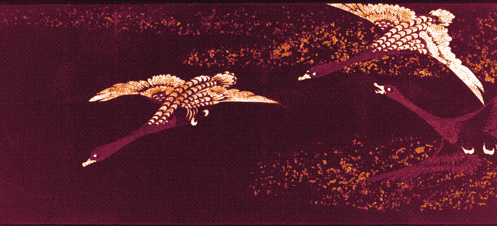 Dithered woodblock print of four geese banking in flight